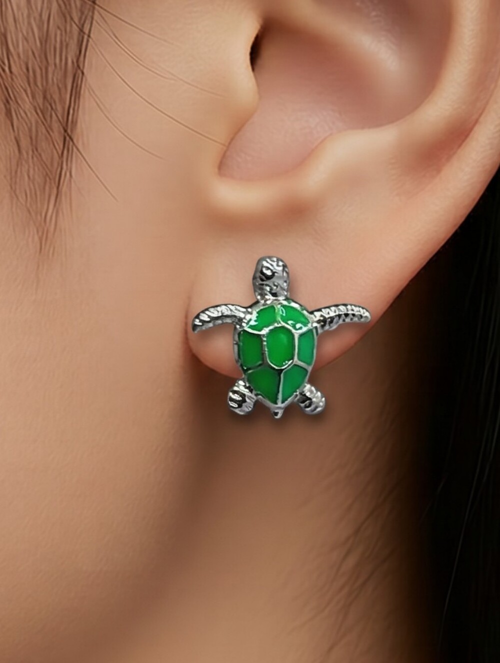 Green Sea Turtle Earrings Silver Enamel Stud Coastal Ocean Marine Beach Jewelry